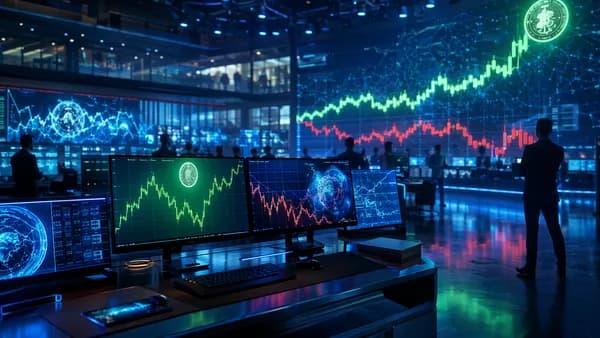Crypto trading floor with one green token surge contrasting a weaker broader market index.