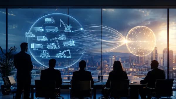 Digital bank boardroom scene showing equipment finance assets shifting in a strategic sale