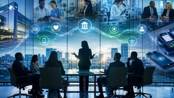 Healthcare payments strategy scene linking banking, hospitals, insurers and life sciences with digital finance visuals