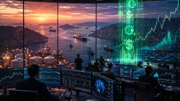 Trading floor with oil tankers near Hormuz and resilient market charts under cinematic lighting
