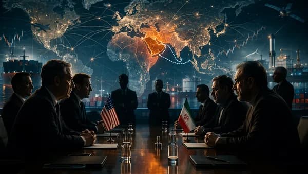 US-Iran framework talks shown with negotiators, world map, and Hormuz trade routes in a tense geopolitical scene