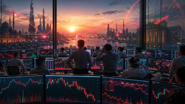 Asian trading floor with falling charts and geopolitical tension reflected in market screens