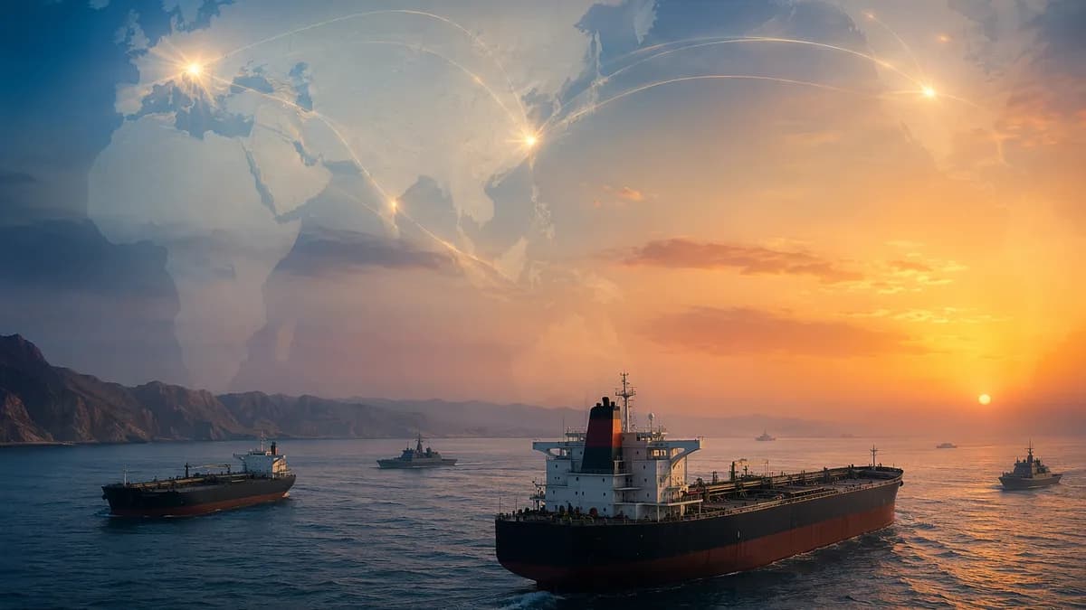 Fragile Gulf ceasefire shown with tankers, distant naval silhouettes, and global map connections.