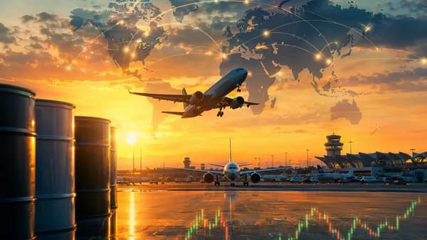 Passenger jets at a busy airport with global map connections, symbolizing high summer airfares and fuel markets.