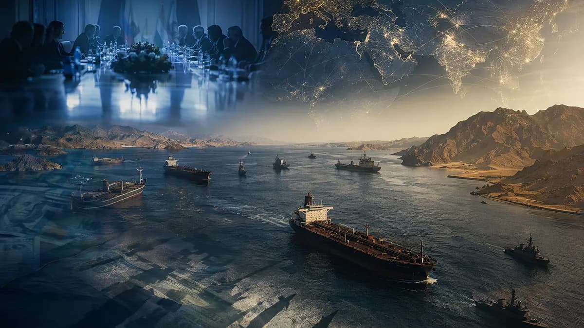 Oil tankers near Hormuz with global map connections, symbolizing a fragile US-Iran deal.