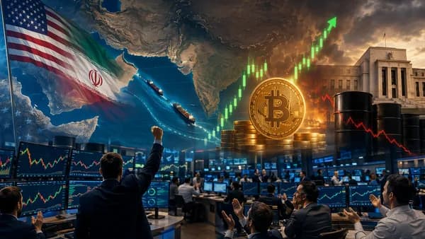 Trading floor showing bitcoin rally, oil drop, and Middle East risk after a U.S.-Iran breakthrough