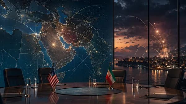 Empty diplomacy table before a Middle East map as distant strikes signal escalating regional crisis.