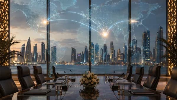 Doha diplomatic meeting room with global map connections suggesting US-Iran mediation talks.