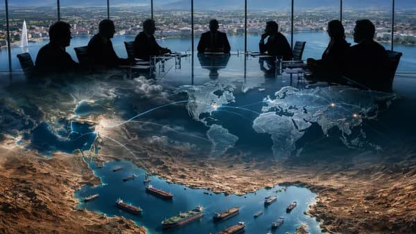 Swiss diplomatic talks scene with global map links and blocked Strait of Hormuz oil tankers.
