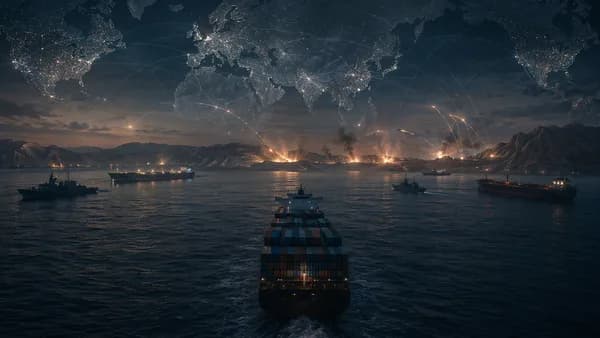 Cargo ship near Hormuz with distant strike flashes and global map overlay symbolizing rising energy risks.