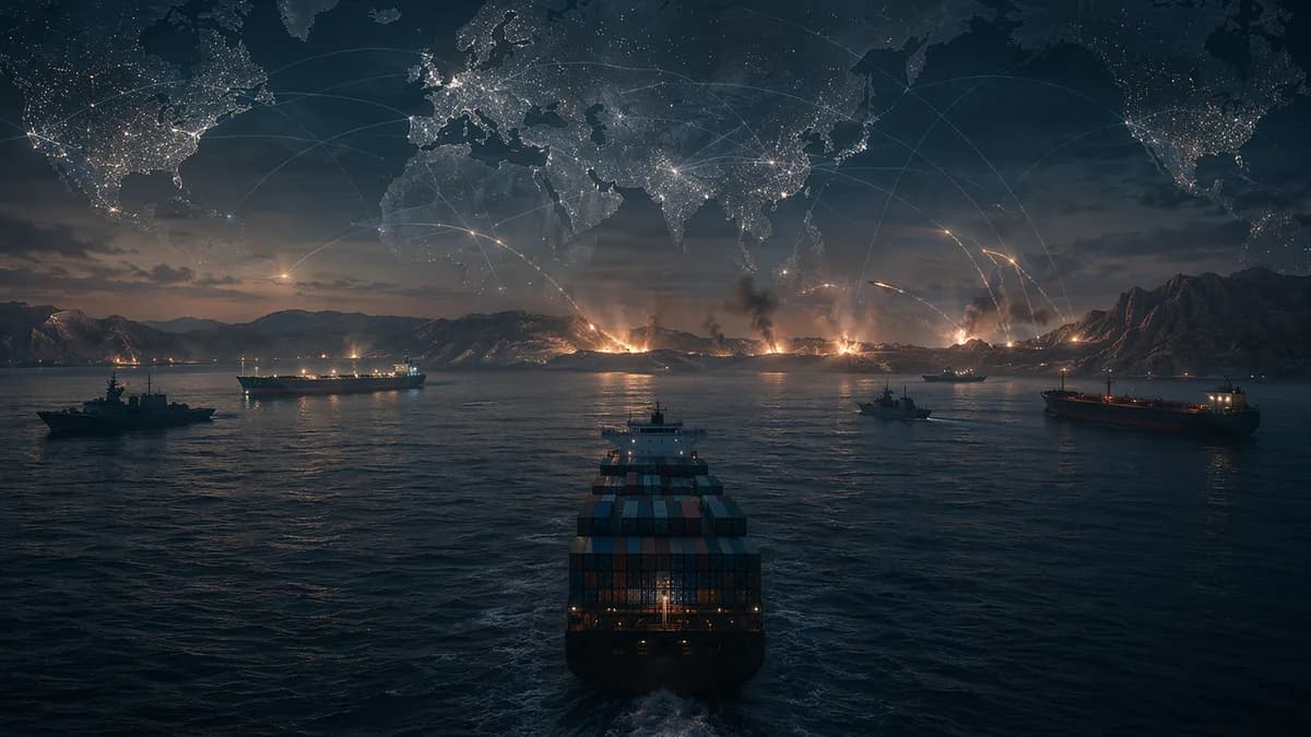Cargo ship near Hormuz with distant strike flashes and global map overlay symbolizing rising energy risks.