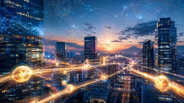 Futuristic Tokyo FX network showing instant stablecoin settlement between banks