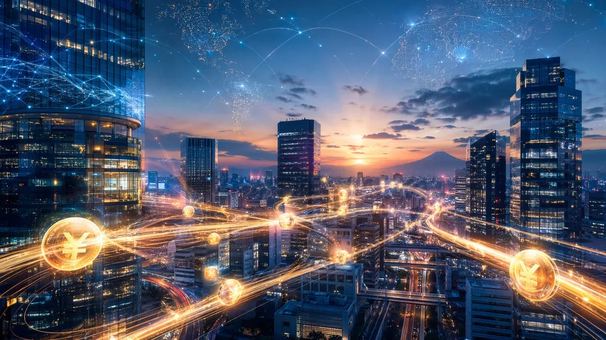 Futuristic Tokyo FX network showing instant stablecoin settlement between banks