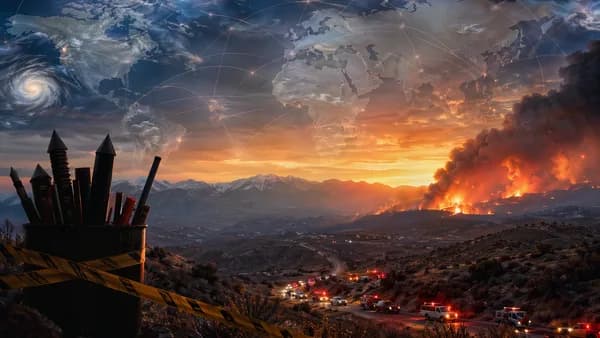 Utah wildfire landscape with smoke, evacuation scene, banned fireworks, and global map connections.