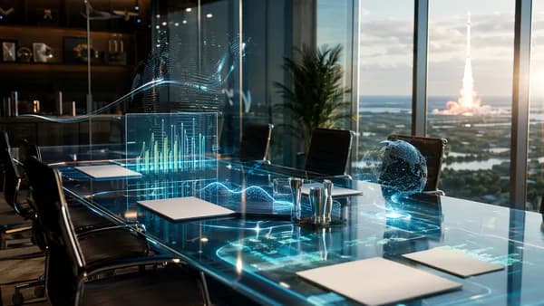 Futuristic venture capital office with holographic finance visuals and a rocket silhouette