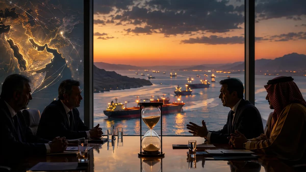 Diplomatic talks over Iran and Hormuz shipping routes shown in a cinematic global news scene.