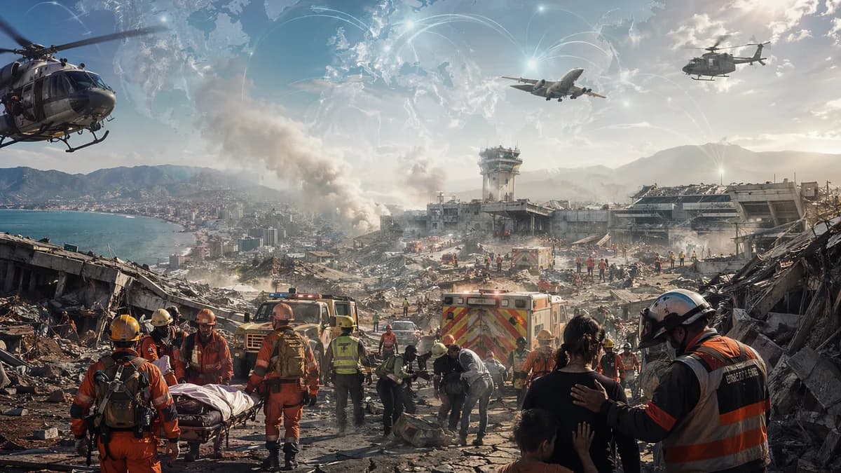Rescue teams in earthquake-damaged Venezuela with global aid routes overlaid on a world map.