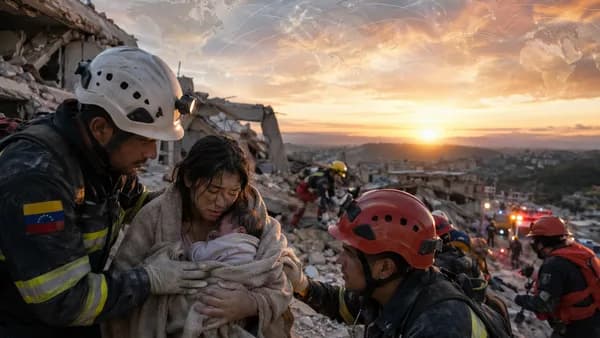 Rescue workers help a mother with newborn from Venezuela earthquake rubble at dawn.