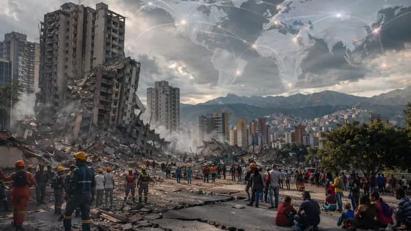 Earthquake damage in Caracas with responders, collapsed buildings, and global map connections.