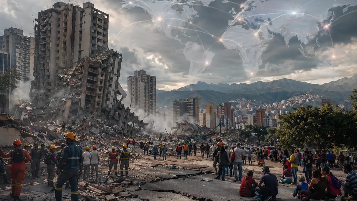 Earthquake damage in Caracas with responders, collapsed buildings, and global map connections.