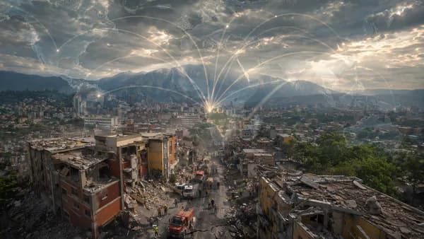 Earthquake damage in Venezuela with responders and a subtle global map overlay