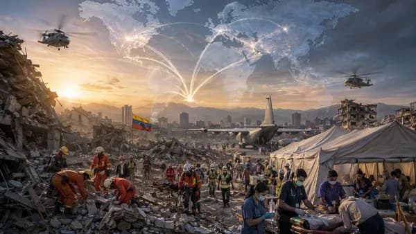 International rescue teams aid earthquake-hit Venezuela beneath a connected world map.