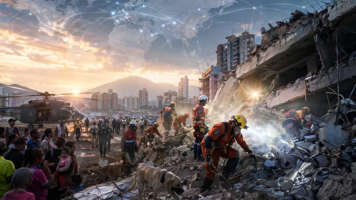 Rescuers search earthquake rubble in Venezuela as international aid teams arrive under a global map motif.