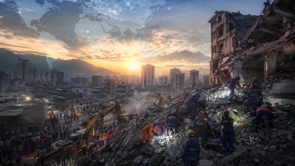 Rescue teams search earthquake rubble in Caracas with subtle global map overlay.