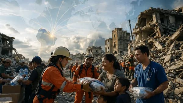 Rescue workers aid Venezuela earthquake victims with global relief connections in the background.