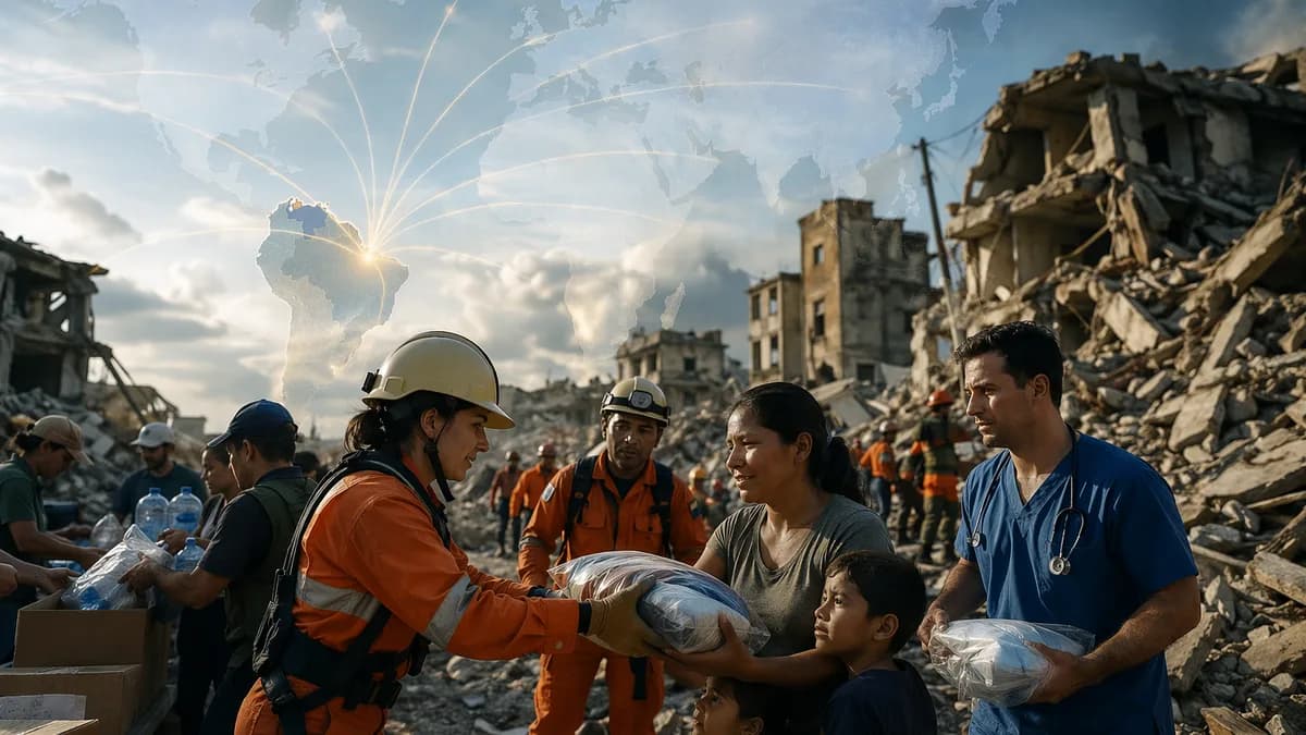 Rescue workers aid Venezuela earthquake victims with global relief connections in the background.