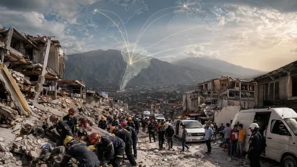 Rescuers search earthquake rubble in Venezuela beneath a subtle global map and connection lines.