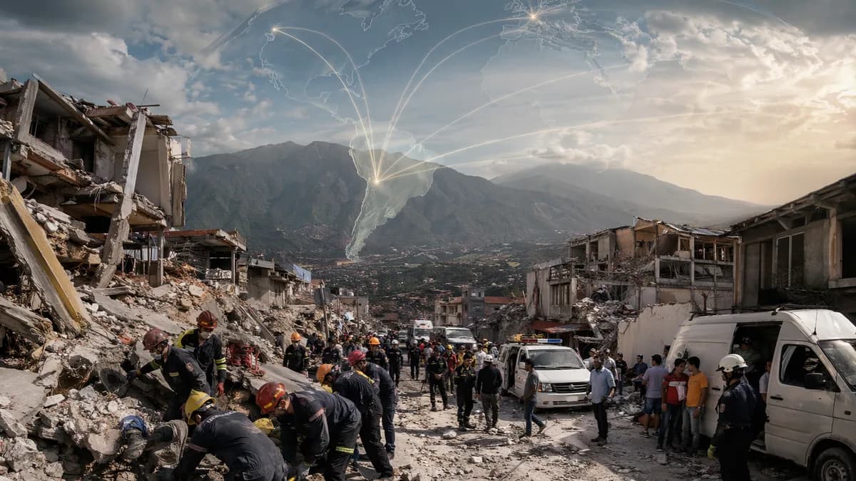 Rescuers search earthquake rubble in Venezuela beneath a subtle global map and connection lines.