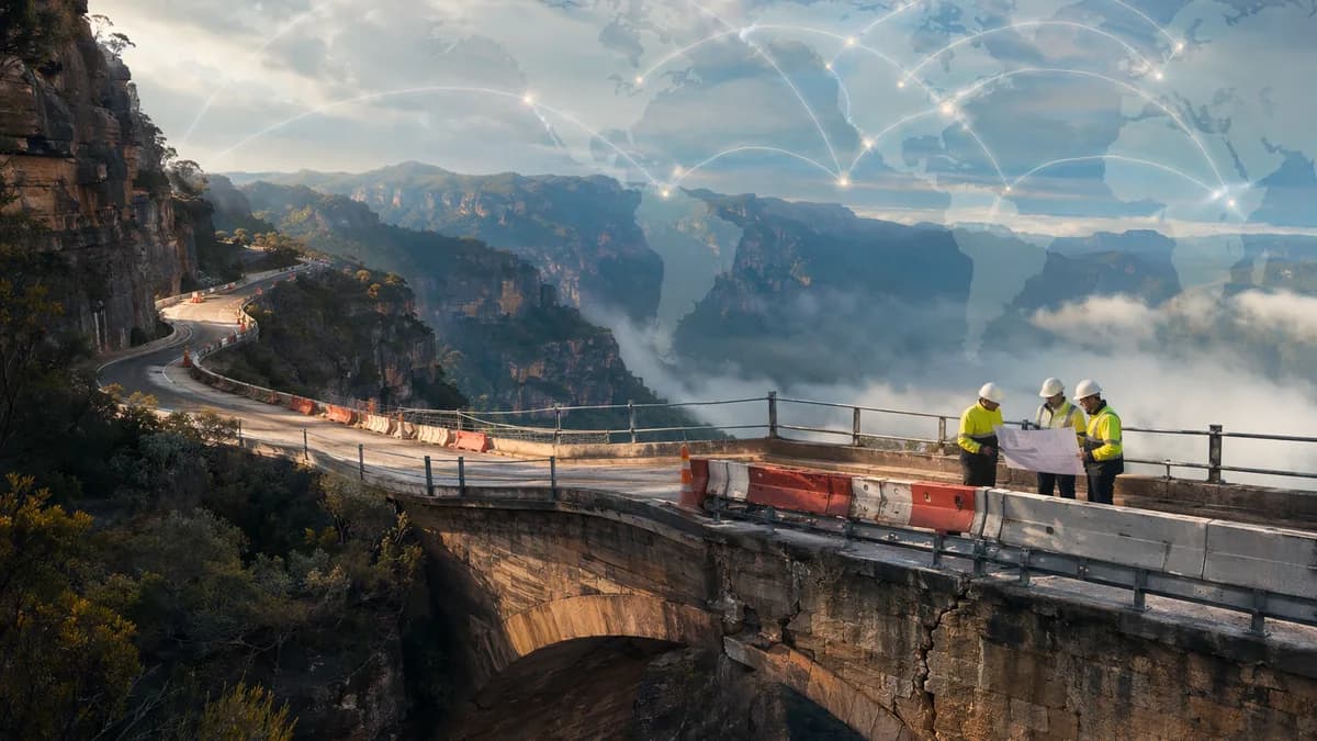 Closed Blue Mountains highway and cracked stone bridge with engineers and global map overlay.