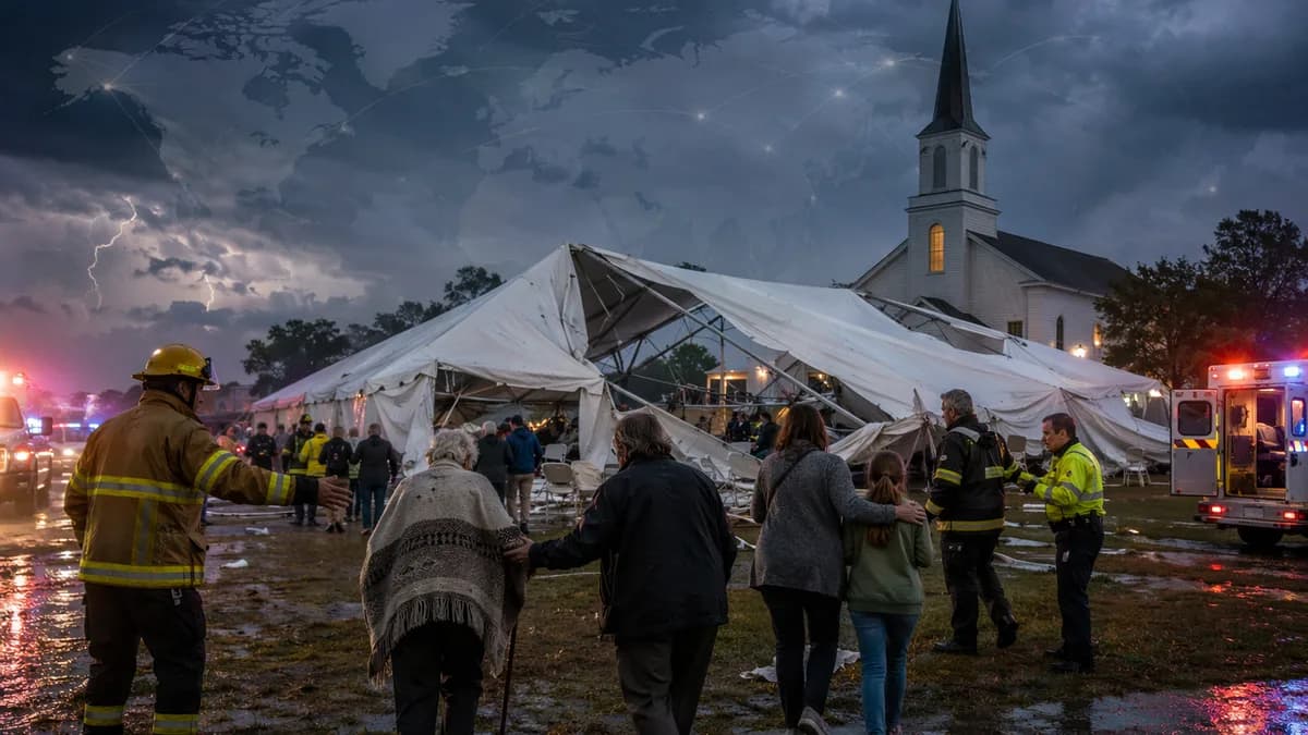 Storm-damaged church celebration tent with responders aiding evacuees in rural Virginia.