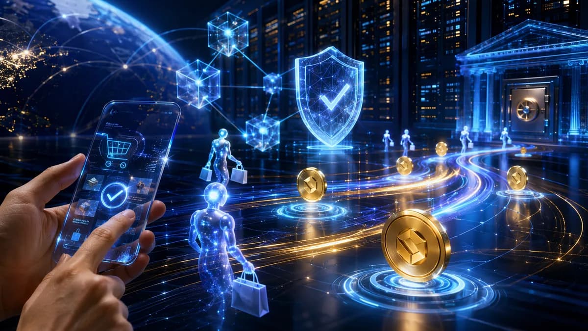 AI agents, stablecoin payments, and fraud checks flowing through futuristic fintech payment rails.