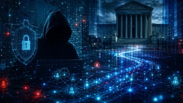 Shadowy hacker, cyber trails, locks, and courthouse silhouette in a dark cybersecurity scene.