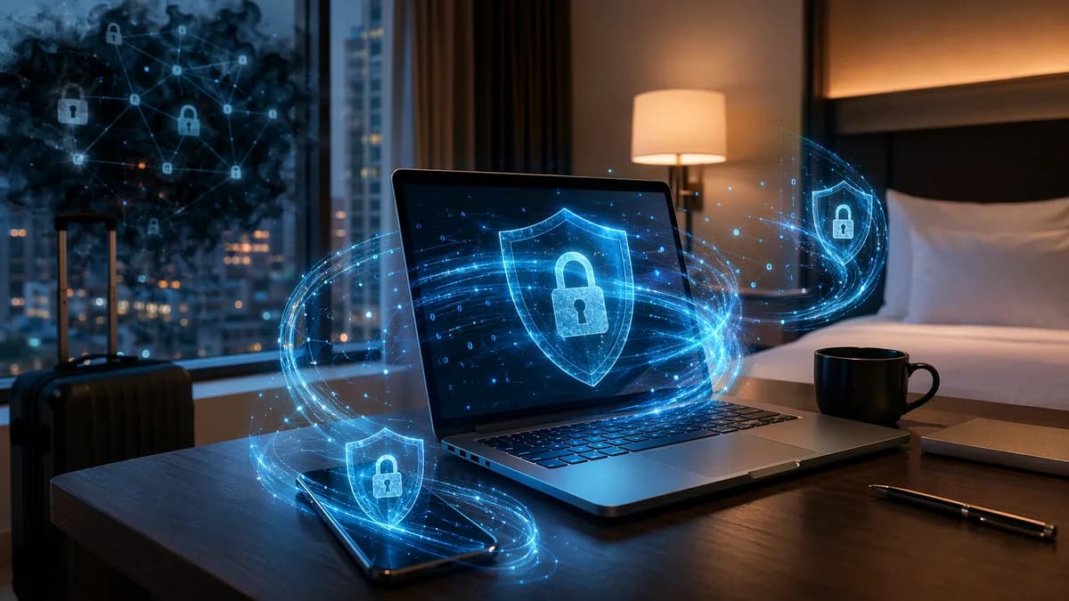 Hotel room laptop protected by glowing VPN shield on shared Wi-Fi network