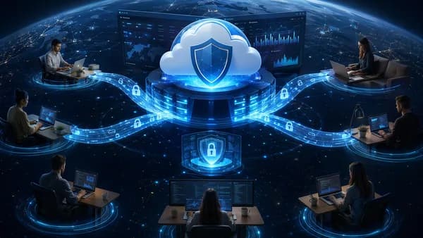 Remote team devices connected through secure VPN tunnels to a cloud SaaS dashboard