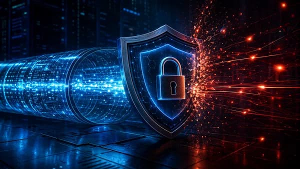 Digital shield blocks network leaks during a sudden VPN tunnel drop in a dark cybersecurity scene.