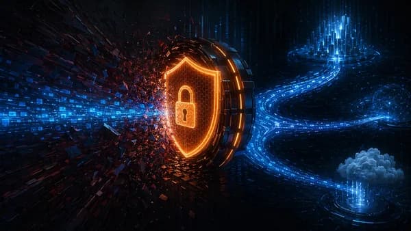Glowing security shield blocks leaking data streams in a dark VPN network scene.