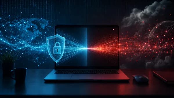 Laptop with split VPN tunnel, shielded data path and exposed leak path in a dark cybersecurity scene