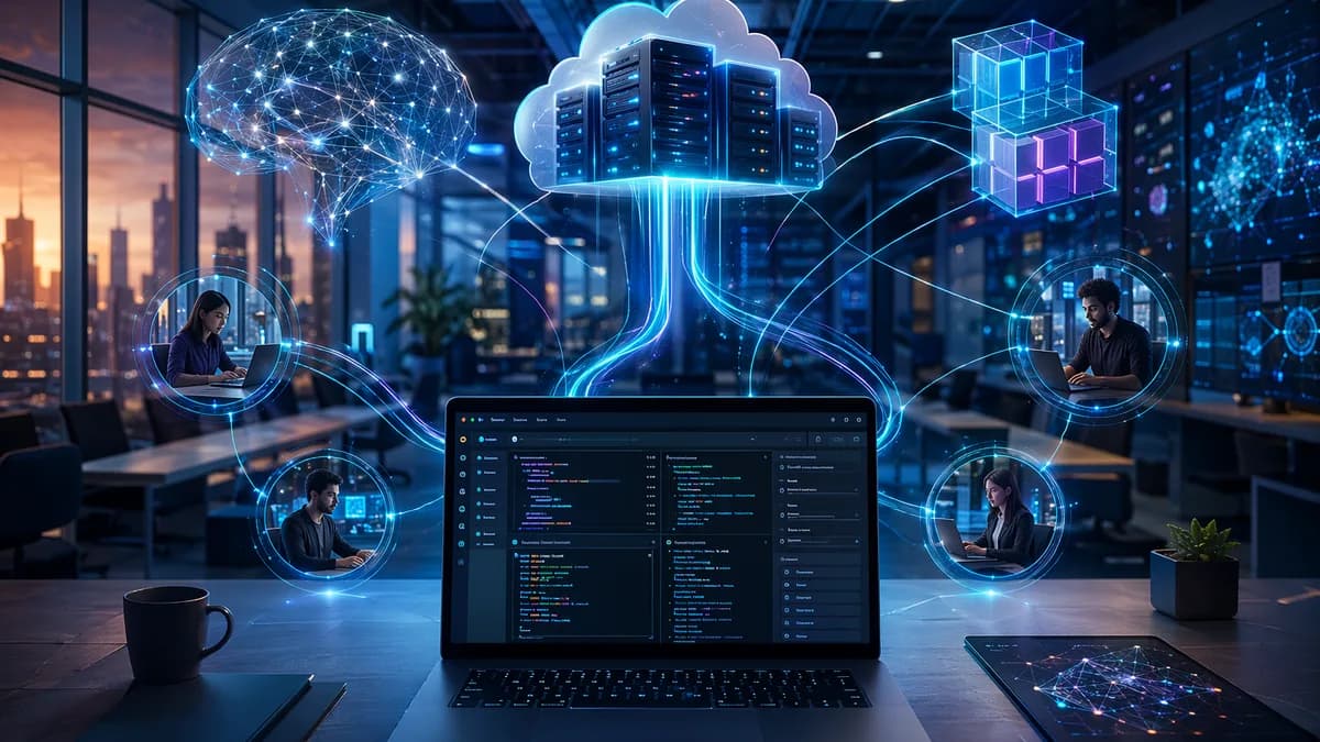 Futuristic workspace showing local coding connected to remote servers and containers.