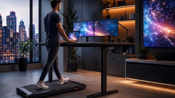 Foldable under-desk treadmill in a futuristic home office with glowing tech screens.