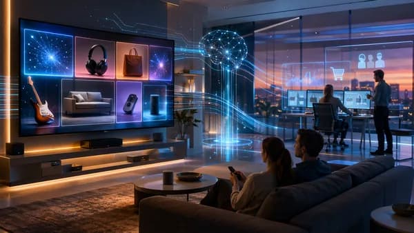 Smart living room with TV ad panels, AI data streams, and retail media technology visuals.