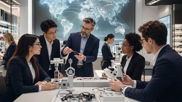 Retail workers training as opticians beside optical tools and a global map with connected lines.