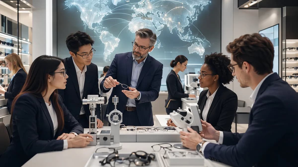 Retail workers training as opticians beside optical tools and a global map with connected lines.
