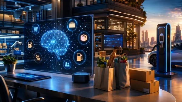 Futuristic retail membership scene with delivery bags, parcels, fuel perks, and glowing tech screens.