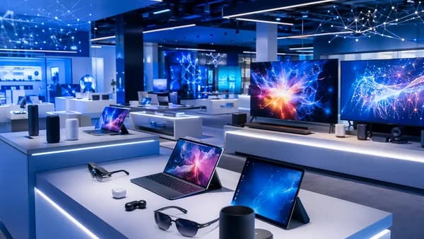 Futuristic tech showroom with laptops, TVs, tablets, smart glasses, and audio devices on display.