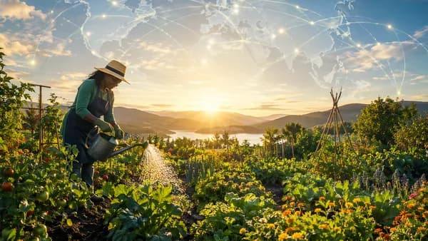 Gardener watering a lush sunrise garden with subtle global map and connection lines in the sky