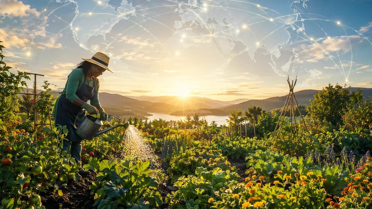 Gardener watering a lush sunrise garden with subtle global map and connection lines in the sky